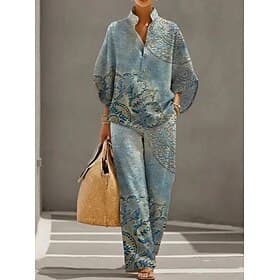 Women's Pants Sets Long Sleeve 3/4 Length Sleeve Stand Collar Floral Graphic Fashion Streetwear Casual Daily Outdoor Blue Pink Brown Spring  Summer Regular Fit