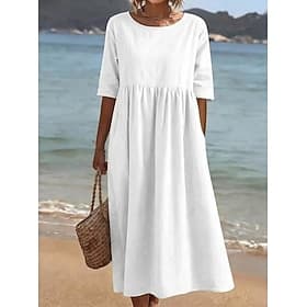 Women's Midi Dress Casual Dress Summer Dress Basic Classic Daily Vacation Regular Fit Plain Half Sleeve Crew Neck Denim Blue White Light Green Pink Summer Spri