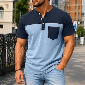 Men's Henley Shirt 100% Cotton Acid Wash Shirt Short Sleeve Color Block Patchwork Retro Vintage Casual Henley Patchwork Vintage Style Color Block Henley Casual