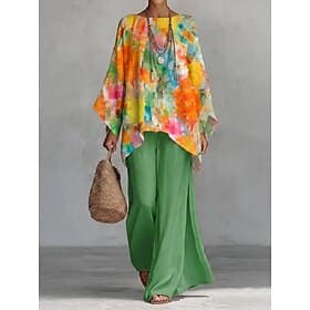 Women's Shirt Pants Sets Long Sleeve Half Sleeve Bell Sleeve Round Neck Ombre Floral Graphic Print Vacation Fashion Streetwear Casual Daily Outdoor Orange Summ