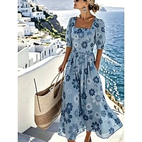 Women's Midi Dress Casual Dress A Line Dress Elegant Vacation Stylish Beach Holiday Regular Fit Floral Graphic Half Sleeve Square Neck Blue Yellow Green Summer