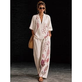 Women's Shirt Cotton Linen Sets Pants Sets Short Sleeve V Neck Floral Graphic Geometric Print Vacation Fashion Streetwear Casual Daily Outdoor Yellow Pink Dust