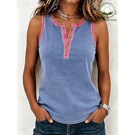 Dame Vasket bomuld 100% Bomull Camisole tanktop Patchwork Knapper Årgang Uden ærmer Almindelige toppe Blå Sommer Forår