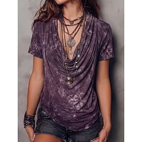 Women's T Shirt Cotton Shirt Tee Top Ruched Acid Wash Vintage Washed Vintage Fashion Stylish Short Sleeve Cowl Neck Long Tops Casual Daily Going out Purple Sum