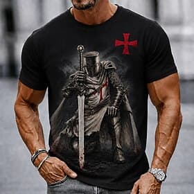 Voor heren Tempeliers Kruis T-shirt Korte mouw T-shirt 3D-afdrukken Strakke ronde hals Overhemd Religieus Straat Donkere partij Zwart Bordeaux Khaki Alle seizo