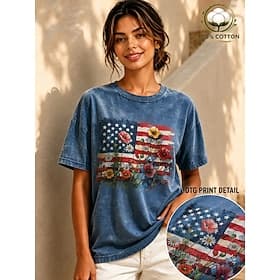 American Independence Day Women's 100% Cotton T Shirt Vintage Washed Tops Print Graphic American Flag Vintage Fashion Stylish Short Sleeve Crew Neck Regular To