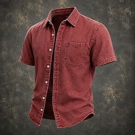 SoftFade™ Men Shirt Casual Shirt Button Up Shirt Acid Wash Shirt Garment Dyed Black White Burgundy Navy Blue Military Green Short Sleeve Plain Shirt Collar Cas
