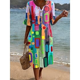 Women's Knee Length Dress Sundress Casual Dress A Line Dress Elegant Vacation Stylish Beach Holiday Loose Fit Graphic Geometric Abstract Short Sleeve V Neck Bl