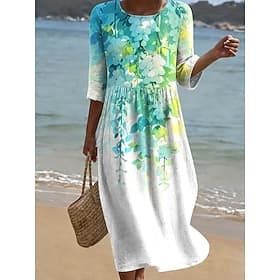 Damen Midikleid Sommerkleid Urlaub Lässig Boho Strand Ferien Normale Passform Blumen Grafik Dreiviertelarm Rundhalsausschnitt Blau Rote Purpur Grün Sommer Früh