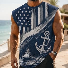 4 juillet 2026, 250e anniversaire Homme Drapeau américain Sous-Vêtements Sans manches T-shirt Impression 3D Col ras du cou Chemise Patriotique Quotidien Rue Bl