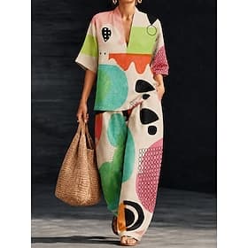 Women's Shirt Pants Sets Half Sleeve V Neck Graphic Geometric Print Vacation Fashion Streetwear Casual Daily Outdoor Blue Orange Beige Spring  Summer Loose Fit