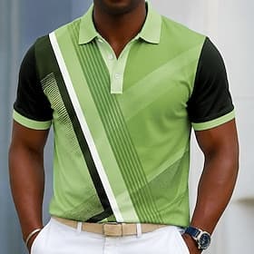 Men's Geometic Line Polo Shirts Short Sleeve Polo Shirts Collared Shirts Casual Athleisure 3D Print Buttons Breathable Mesh Spring  Summer Blue Light Green Gre