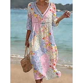 Women's Midi Dress Shift Dress Sundress Summer Dress Vacation Party Casual Daily Beach Party Loose Fit Floral Graphic 3/4 Length Sleeve V Neck Blue Light Green
