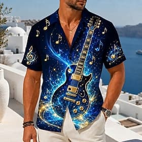 Men's Music Guitar Musical Instrument Shirt Button Up Shirt Camp Collar Shirt Short Sleeve Vintage Retro Daily Music Festival Holiday Summer Spring Cuban Colla