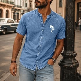 SoftFade™ Men Shirt Casual Shirt Acid Wash Shirt Garment Dyed Light Green Pink Apricot Gray Light Blue Short Sleeve Plain Shirt Collar Mandarin Collar Casual D
