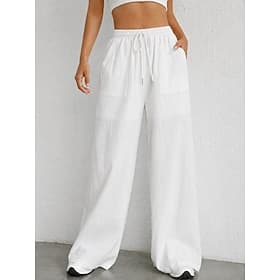 Women's Bell Bottom Elegant Fashion Full Length High Waist Solid Color Drawstring Comfort Inelastic Casual Vacation Black White Sky Blue Camel Summer Spring Lo