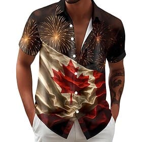 Canada Day Men's Maple Leaf Fireworks National Flag Shirt Summer Shirt Button Up Shirt Short Sleeve Patriotic Outdoor Holiday Summer Spring Turndown 3D Print C