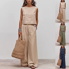 Women's Cotton Linen Sets Sleeveless Round Neck Plain Navy Blue khaki Military Green Summer Loose Fit