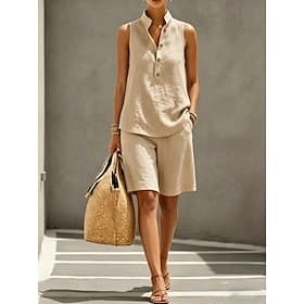 Damen Hosen-Sets Ärmellos V Ausschnitt Einfarbig Mode Streetwear Lässig Täglich Outdoor Blau Khaki Schwarz Sommer Normale Passform