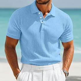 Men's Rib Knit Top Textured Casual Work Lapel Ribbed Polo Collar Short Sleeve Basic Modern Plain Buttons Knitted Spring  Summer Summer Blue White Yellow Navy B