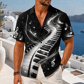 Men's Music Musical Instrument Pano Keys Shirt Button Up Shirt Camp Collar Shirt Short Sleeve Vintage Retro Music Festival Holiday Summer Spring Cuban Collar 3