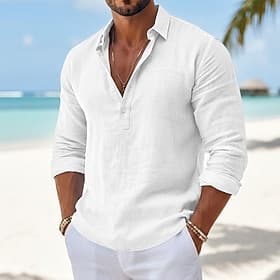 Men Shirt Linen Shirt Summer Shirt Beach Wear Plain Casual Vacation Blue Black White Khaki Long Sleeve Lapel Spring Summer Summer Clothing Apparel