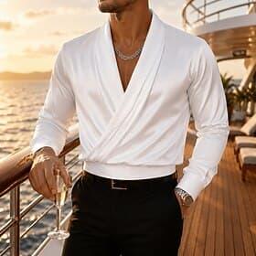 Men's Shirt Dress Shirt Button Up Shirt Satin Silk Shirt Color Block Daily Business Black White Long Sleeve V Neck All Seasons Clothing Apparel Wrap