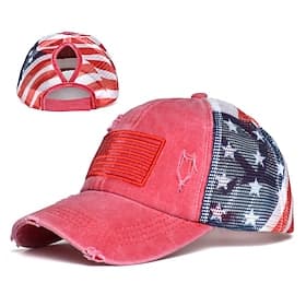 Bold Freedom Ponytail Cap Patriotic Distressed American Flag Baseball Hat for Women, Washed Cotton Trucker Cap, USA Independence Day 250th Anniversary Adjustab