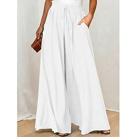 Women's Wide Leg Stylish Casual Full Length High Waist Elastic Waistband Comfort Stretchy Daily Streetwear Navy Grey Black White Summer Spring Loose Fit