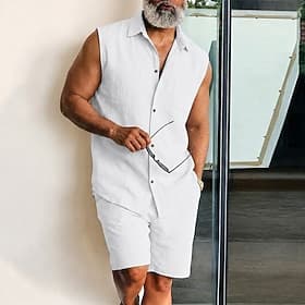 Herren Leinenhemd Zweiteilig Hemd Set Und Shorts Leinenshorts Strandshorts Set Einfach Lässig Täglich Outdoor Umlegekragen Ärmellos Sommer Mode Lässig Bequem B
