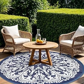 Waterproof Outdoor Round Rug, Scalloped Geometric Foldable Plastic Straw Patio Camping Rug, Outdoor RV Carpet for Deck Camper Porch Balcony Backyard Picnic Bea