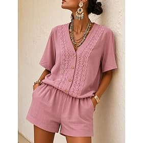 Dames Overhemd Effen Kleur Elegant Bohemen Vakantie Korte mouw V-hals Croptops blauw Zwart Wit Blozend Roze Zomer Lente thumbnail 2