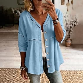 Women's Blouse Lace Tops Lace Hollow Out Plain Vintage Fashion 3/4 Length Sleeve V Neck Regular Tops Casual Holiday Summer Pink Wine Army Green Sky Blue Purple