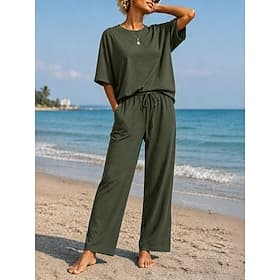 15% Linen Women's Pants Sets Linen Sets Basic Pure Color Pocket Elastic Waist T Shirt Pant Daily Street Long Sleeve Crew Neck Blue Black White Navy Blue Light