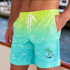 Men's Coconut Tree Dolphin Tropical Plants Swim Trunks Bathing Suits Swim Shorts Board Shorts Mid Waist Hawaiian Daily Beach Vacation Wear Side Pockets Mesh Li