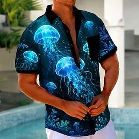 Men's Jellyfish Sea Creatures Neon Glow Shirt Summer Hawaiian Shirt Tropical Shirts Short Sleeve Hawaiian Beach Vacation Wear Summer Spring Turndown 3D Print F