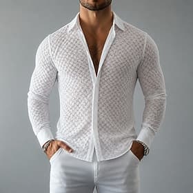 Men Shirt Casual Shirt Button Up Shirt Jacquard Shirt Black White Long Sleeve Plain Textured Shirt Collar Casual Daily Front Pocket Clothing Apparel Elegant Fa