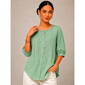 Dame Skjorte Broderi Blomstret Elegant Bohem Ferie Crew-hals Lange topper Avslappet Daglig Ferie Gul Lilla Grønn Sommer Vår thumbnail 2