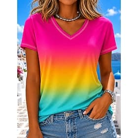 Music Festival Women's T Shirt Print Ombre Graphic Stylish Classic Casual Short Sleeve V Neck Regular Tops Casual Daily Pink Summer Spring