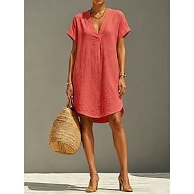Dames Knielengte jurk Linnen jurken Vintage Dagelijks Slank Effen Korte mouw V-hals Khaki Rood Oranje Zomer thumbnail 2