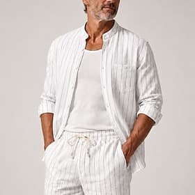 Men's Striped Linen Shirt Mandarin Collar Long Sleeve