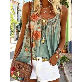 Women's Camisole Tank Top Print Floral Graphic Plants Bohemia Vintage Fashion Sleeveless Straps Regular Tops Casual Daily Blue Green Summer Spring