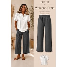 Women's Wide Leg Trousers Casual Pants Vacation Fashion Streetwear Full Length High Waist Plain Pocket Elastic Waist Comfortable Breathable Inelastic Daily Vac thumbnail 3