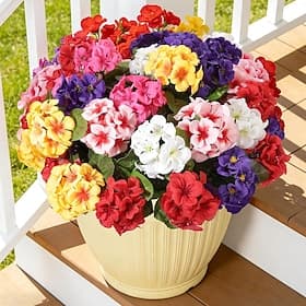 6 Bundles Artificial Geraniums Silk Artificial Flowers for Outdoor Indoor, Realistic UV Resistant Faux Geraniums, Fake Plants for Patio Porch Yard Garden Cemet