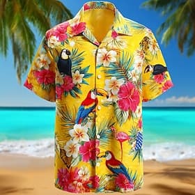Men's American US Flag Parrot Coconut Palm Summer Hawaiian Shirt Tropical Shirts Aloha Shirt Short Sleeve Hawaiian Daily Beach Vacation Wear Summer Spring Turn