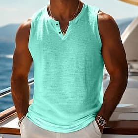 Homme T-shirt sans manches Chemise de batteur de femme Sans manches Col en V Été Uni Mode Basique Occasionnel Mince Flexible Pur Occasionnel Plage Vacances Noi