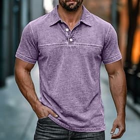 Men's Acid Wash Shirt Golf Shirt Casual Business Ribbed Polo Collar Short Sleeve Fashion Basic Solid Color Buttons Washed Summer Spring Spring   Fall Regular F