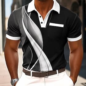 Men's Geometic Line Polo Shirts Short Sleeve Polo Shirts Collared Shirts Business Casual Outdoor Athleisure Daily Wear Pocket 3D Print Buttons Summer Spring Bl