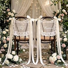 Wedding Chair Sashes Lace Just Married Chair Signs Embroidered Bow Ribbons Vintage Chair Back Decor for Sweetheart Table Bridal Shower Reception Party