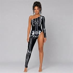 Costume de cosplay combinaison Crâne Squelette Modèle asymétrique à une épaule Impression Manchon simple Punk  Gothique Rave Femmes Costume pour Club Festival